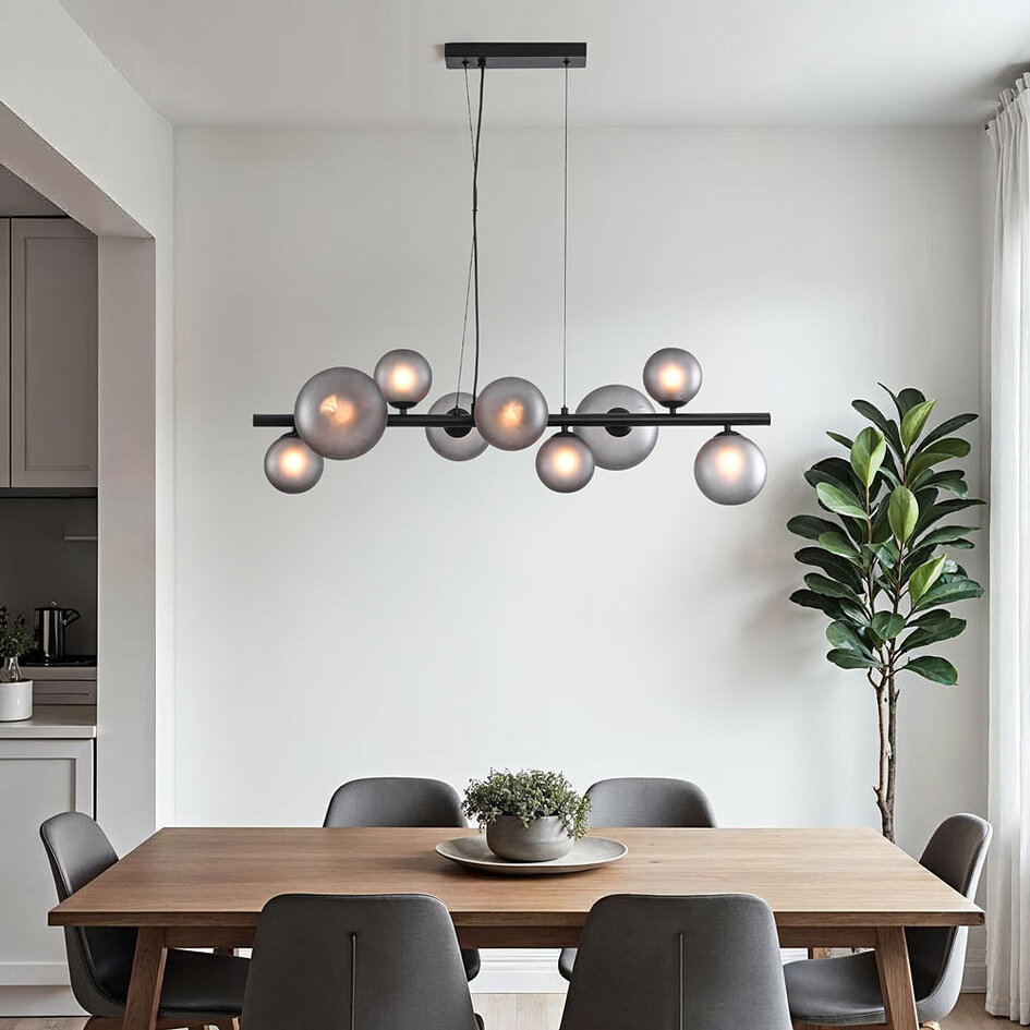 Design glashänglampa Givree, 9-ljus - svart med grått frostat glas
