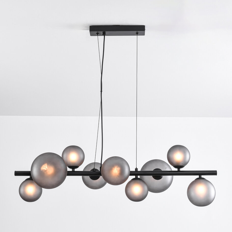 Design glashänglampa Givree, 9-ljus - svart med grått frostat glas