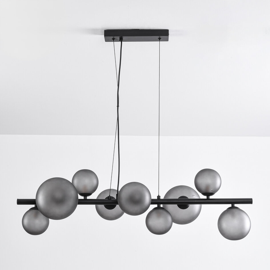 Design glashänglampa Givree, 9-ljus - svart med grått frostat glas