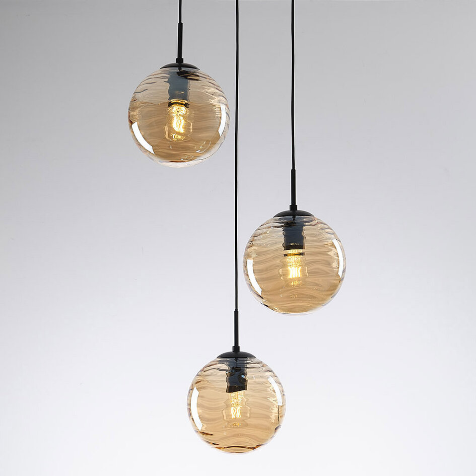 Design taklampa svart med 3D vågigt bärnstensfärgat glas, 3-ljus - Eflin