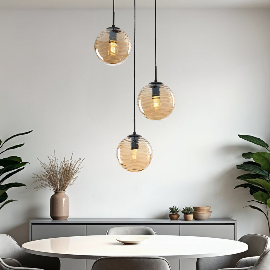 Design taklampa svart med 3D vågigt bärnstensfärgat glas, 3-ljus - Eflin