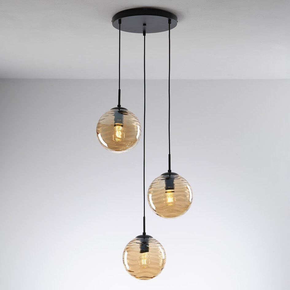 Design taklampa svart med 3D vågigt bärnstensfärgat glas, 3-ljus - Eflin