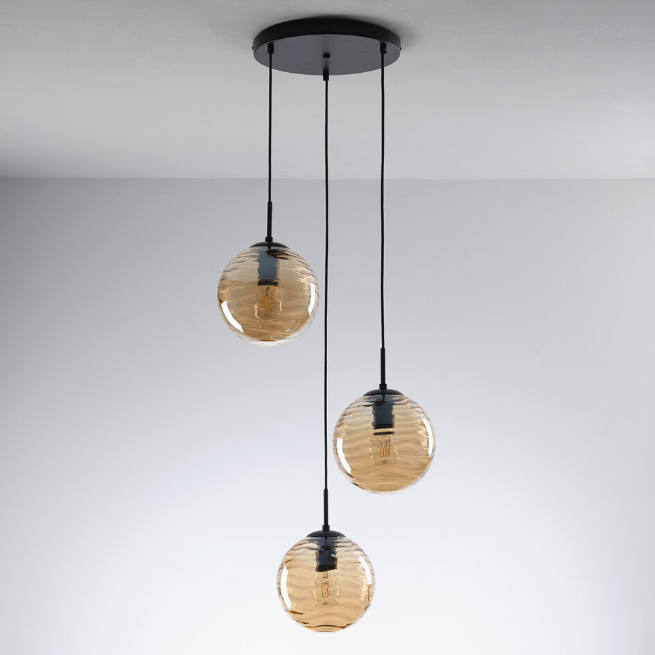 Design taklampa svart med 3D vågigt bärnstensfärgat glas, 3-ljus - Eflin