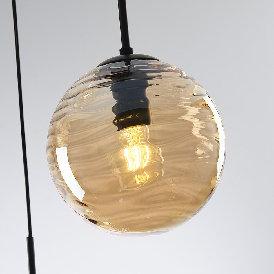 Design taklampa svart med 3D vågigt bärnstensfärgat glas, 3-ljus - Eflin
