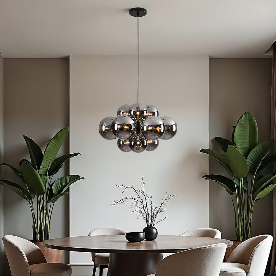 Design hänglampa svart med rökfärgat glas, 12-ljus - Decadi