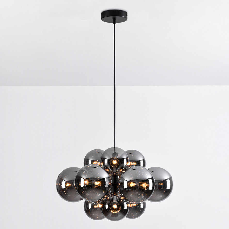 Design hänglampa svart med rökfärgat glas, 12-ljus - Decadi