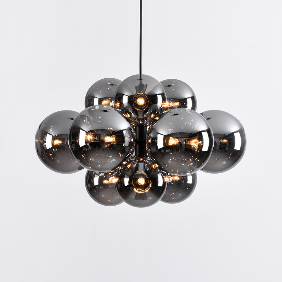 Design hänglampa svart med rökfärgat glas, 12-ljus - Decadi