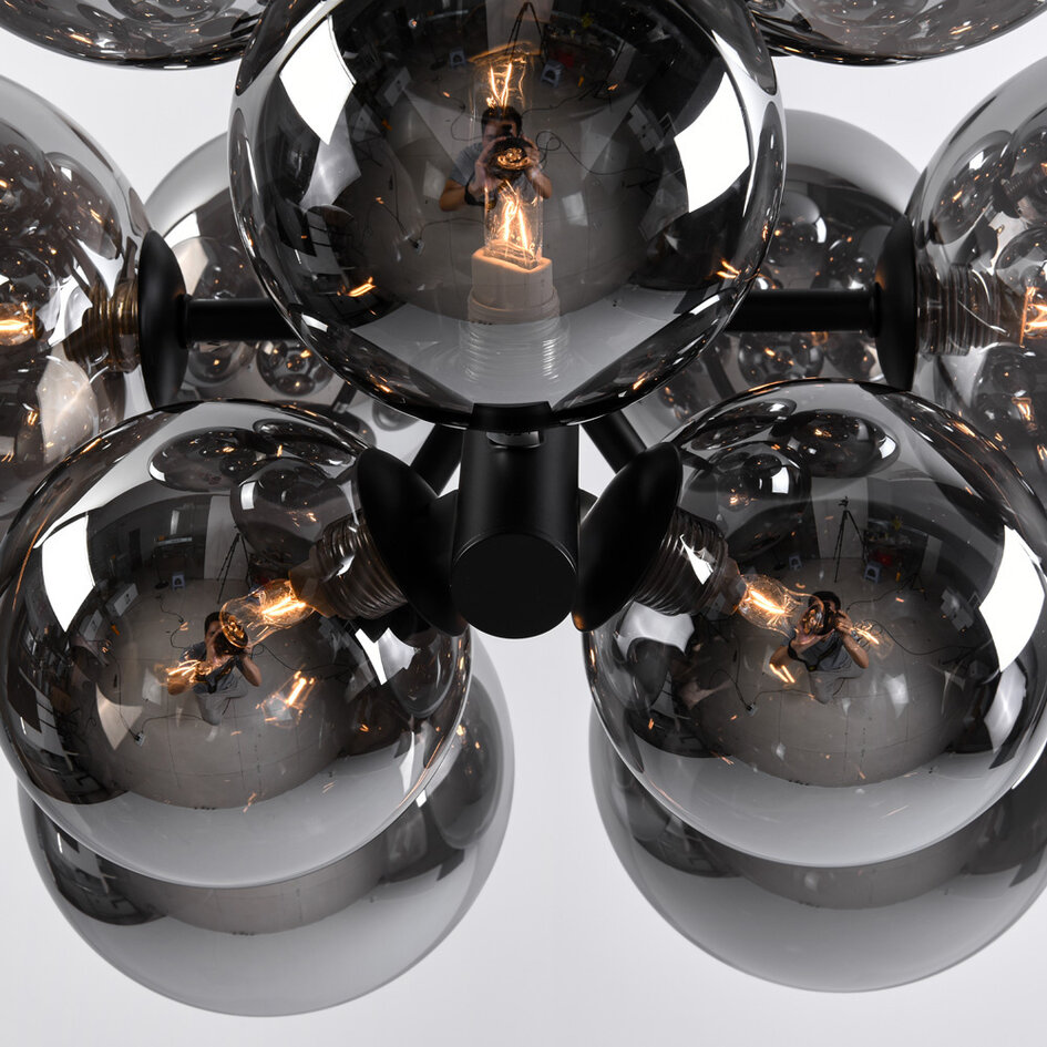 Design hänglampa svart med rökfärgat glas, 12-ljus - Decadi