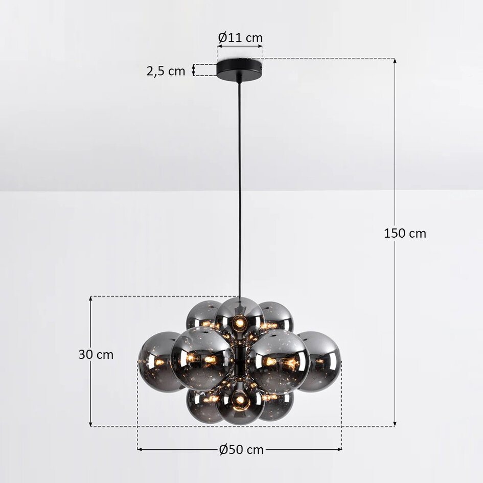 Design hänglampa svart med rökfärgat glas, 12-ljus - Decadi