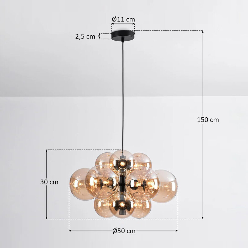 Pendellampa Decadi med tolv lampor - svart och amberfärgat glas
