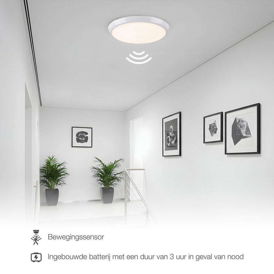 Taklampa vit Ø25,5 cm med nödenhet, sensor och CCT-omkopplare 3000/4000/6000K