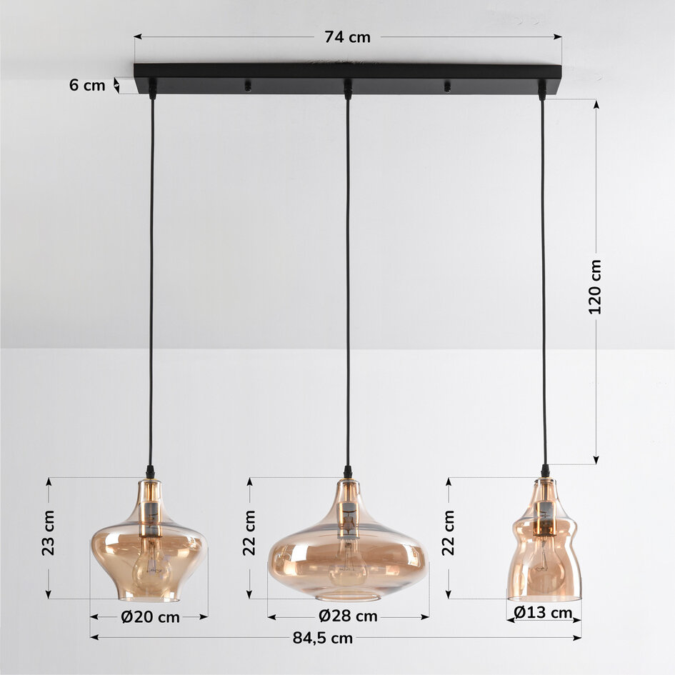 3-ljus industriell taklampa med bärnstensfärgat glas - Maracas