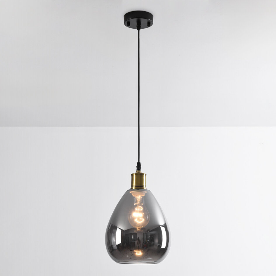 Pendellampa Verona med en lampa - droppformat rökfärgat glas med spegeleffekt