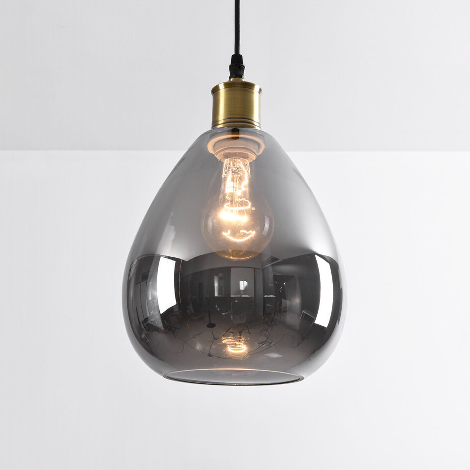 Pendellampa Verona med en lampa - droppformat rökfärgat glas med spegeleffekt