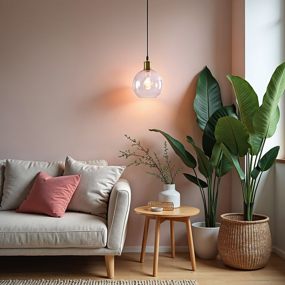 Pendellampa Liya med en lampa i rött glas, variant 1