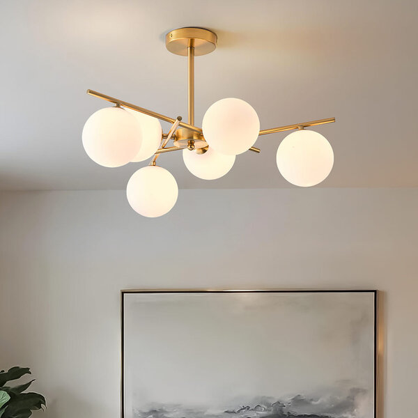 Taklampa Venezia guld med mjölkglas, 6-ljus