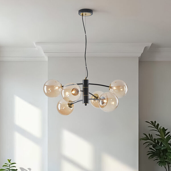 Taklampa Murano med bärnstensfärgat glas, 6-ljus - svart