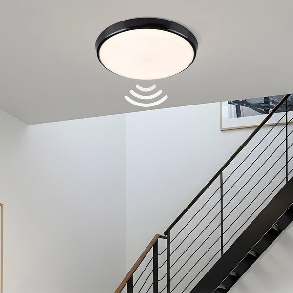 Plafondlampa svart Ø35,2 cm med nödenhet, sensor och CCT-switch 3000K/4000K/6000K