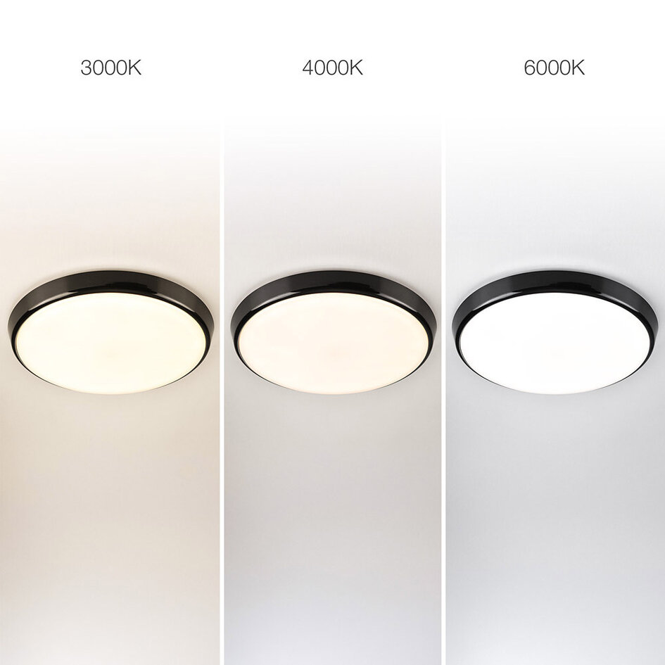 Plafond i svart Ø35,2 cm med nödenhet, sensor och CCT-omkopplare 3000K/4000K/6000K