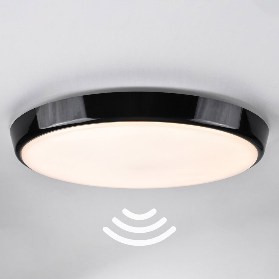 Plafond i svart Ø35,2 cm med nödenhet, sensor och CCT-omkopplare 3000K/4000K/6000K