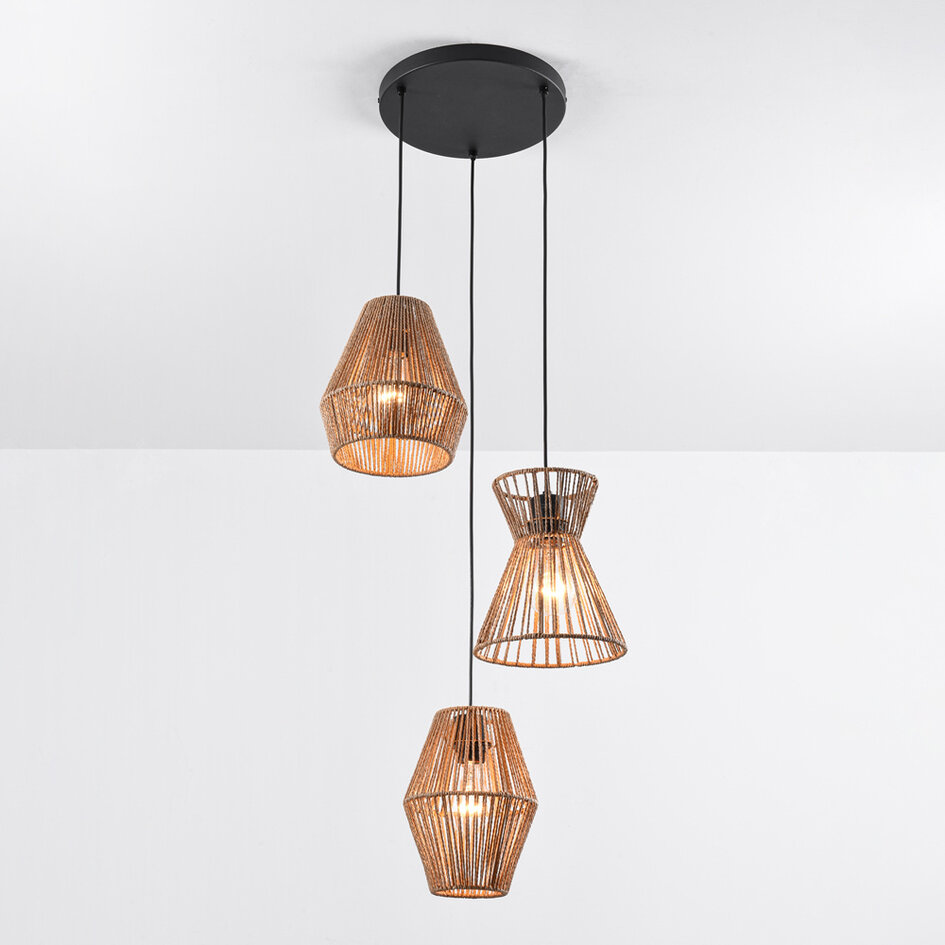 Bohemisk taklampa med flätat rep, 3-ljus - Tiga