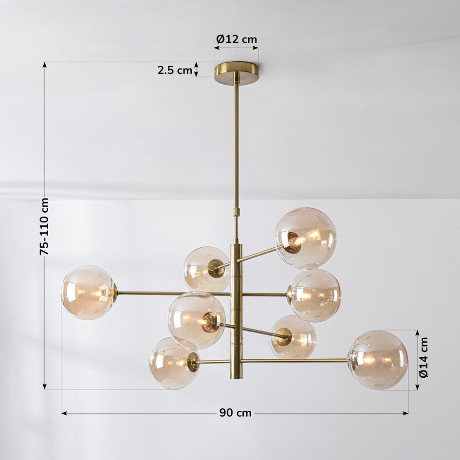 Taklampa Oito med åtta lampor - guld och amberfärgat glas