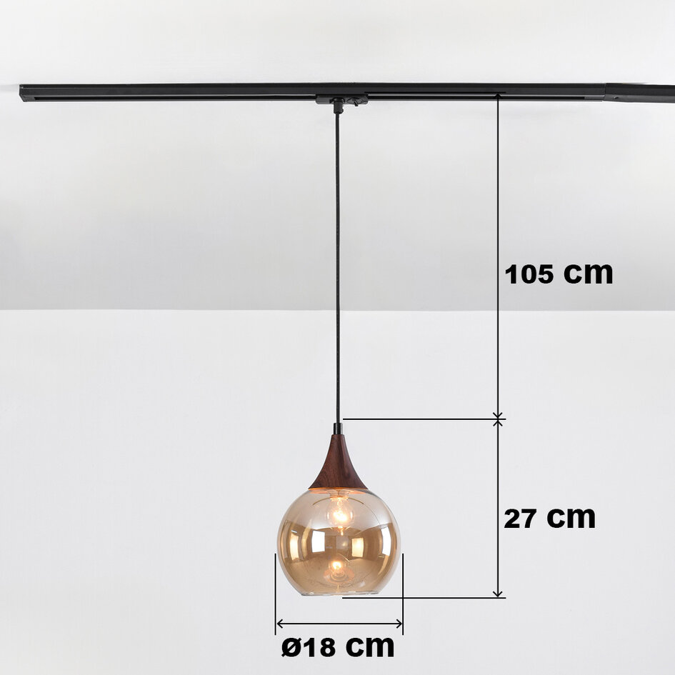 Pendellampa Nya 1-fas, runt amberfärgat glas med mörkt träutseende