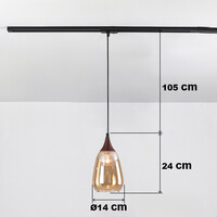 Pendellampa Noi 1-fas, droppformat amberfärgat glas med mörkt träutseende