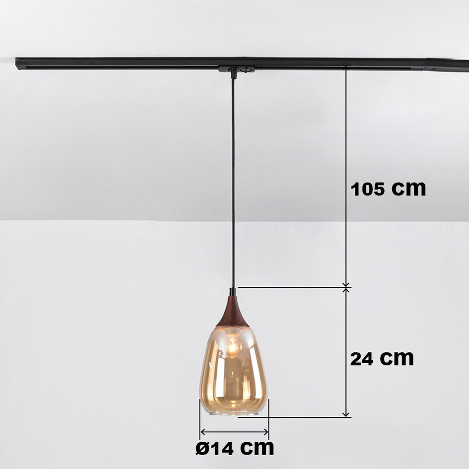Pendellampa Noi 1-fas, droppformat amberfärgat glas med mörkt träutseende