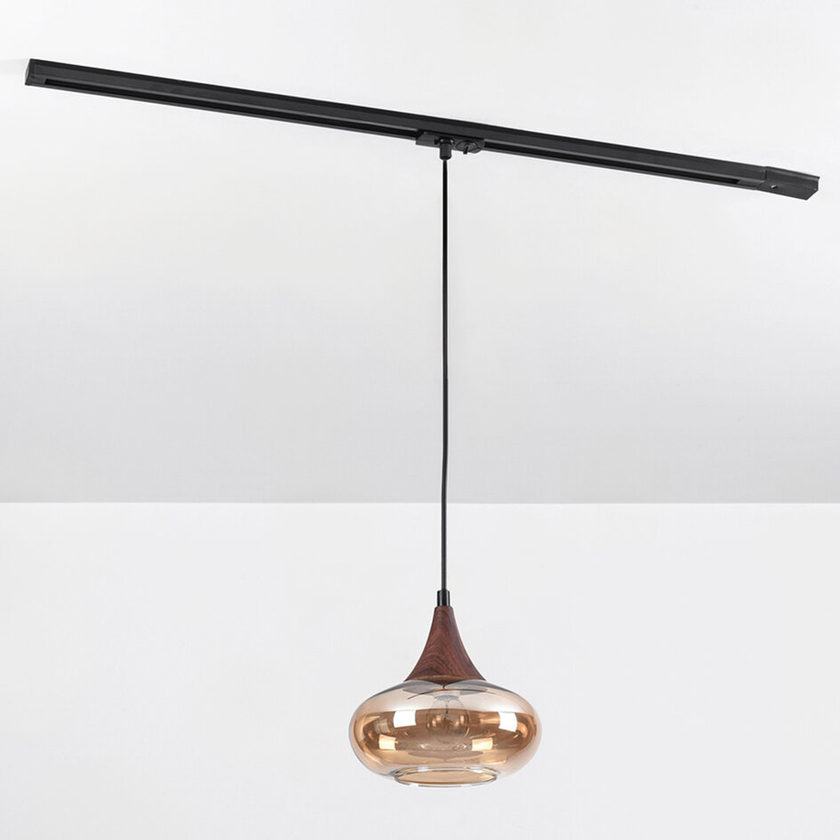 1-fas skenpendellampa Nill med bärnstensfärgat glas och mörk träoptik - brett glas