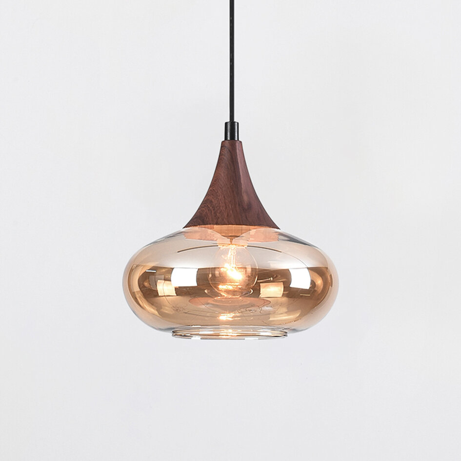 1-fas skenpendellampa Nill med bärnstensfärgat glas och mörk träoptik - brett glas