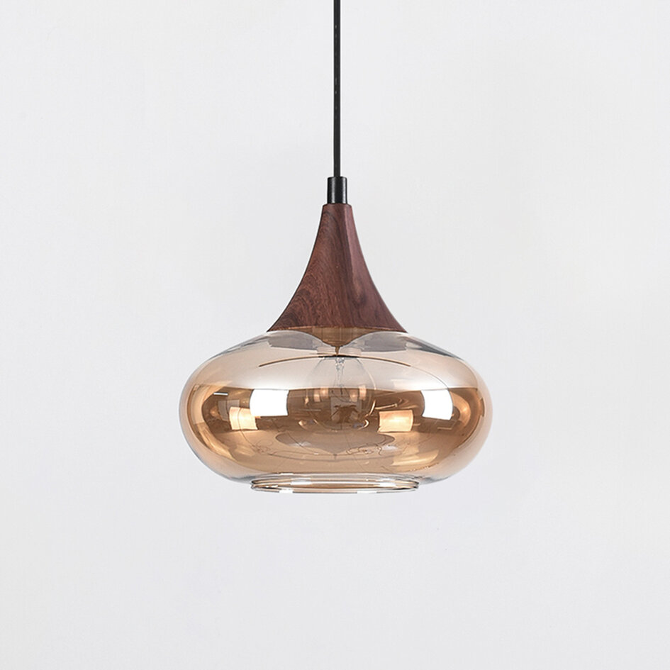 1-fas skenpendellampa Nill med bärnstensfärgat glas och mörk träoptik - brett glas