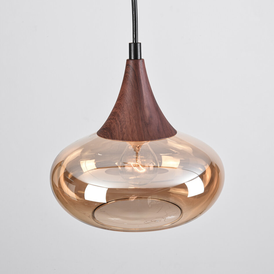 1-fas skenpendellampa Nill med bärnstensfärgat glas och mörk träoptik - brett glas
