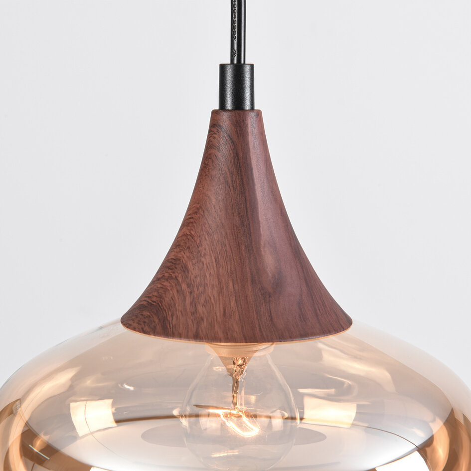 1-fas skenpendellampa Nill med bärnstensfärgat glas och mörk träoptik - brett glas