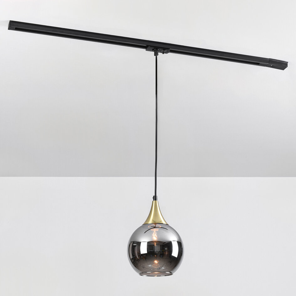 Pendellampa Nya 1-fas, guld med runt rökfärgat glas och spegeleffekt