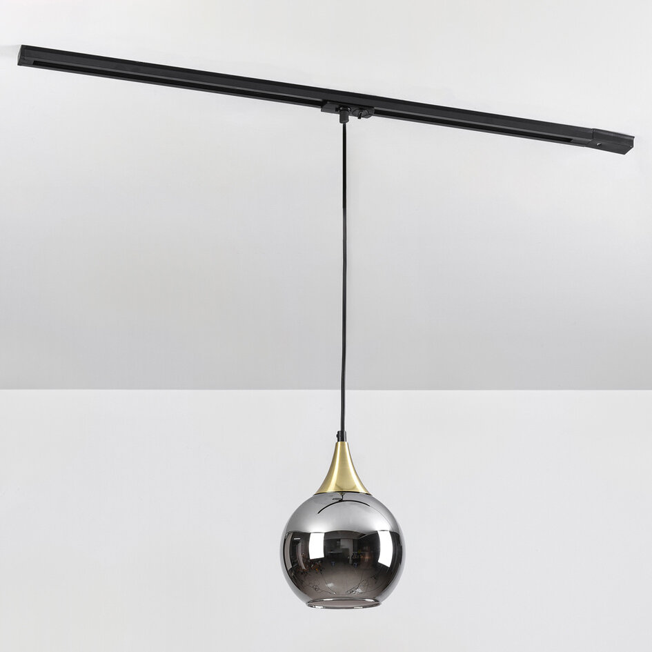Pendellampa Nya 1-fas, guld med runt rökfärgat glas och spegeleffekt