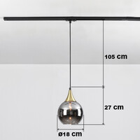 Pendellampa Nya 1-fas, guld med runt rökfärgat glas och spegeleffekt