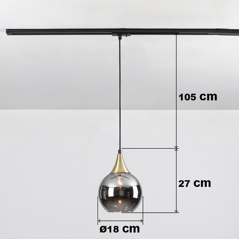 Pendellampa Nya 1-fas, guld med runt rökfärgat glas och spegeleffekt