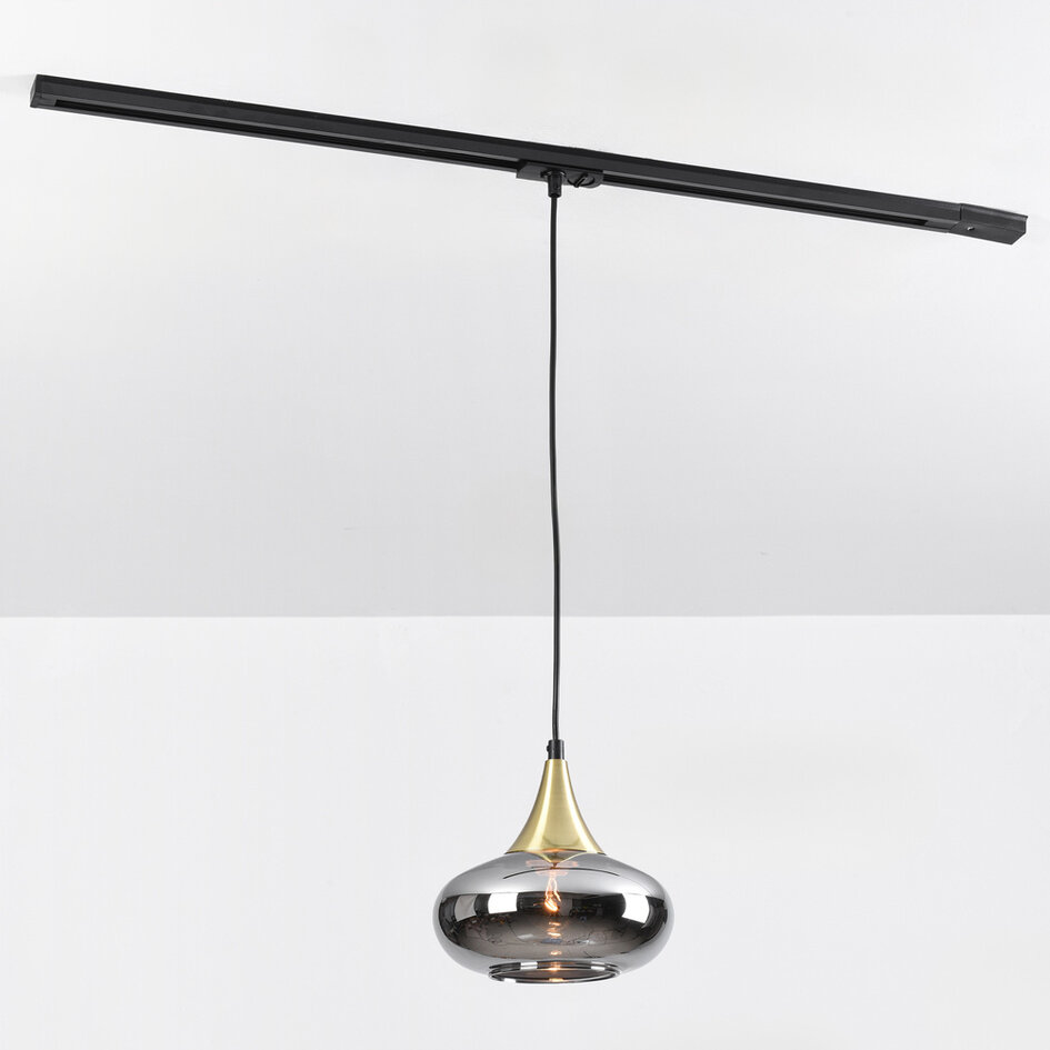 Pendellampa Nill 1-fas, guld med brett rökfärgat glas och spegeleffekt