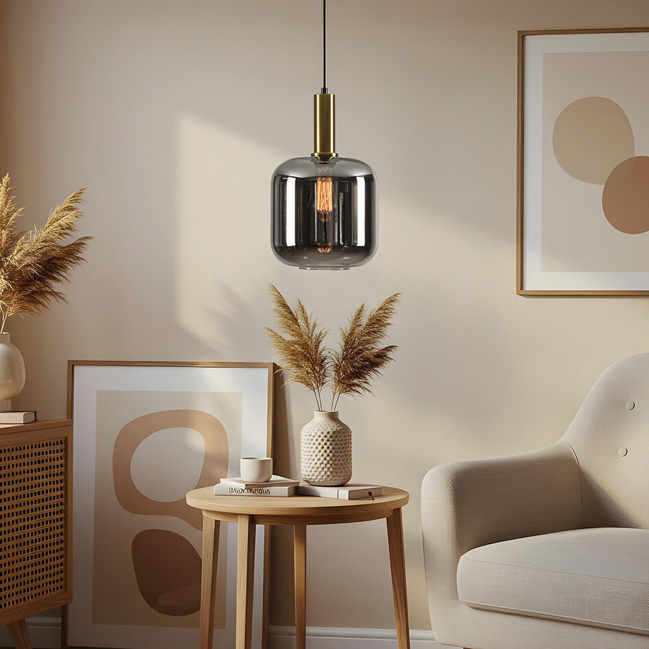 Pendellampa Basso med en lampa - svart, guld och rökglas