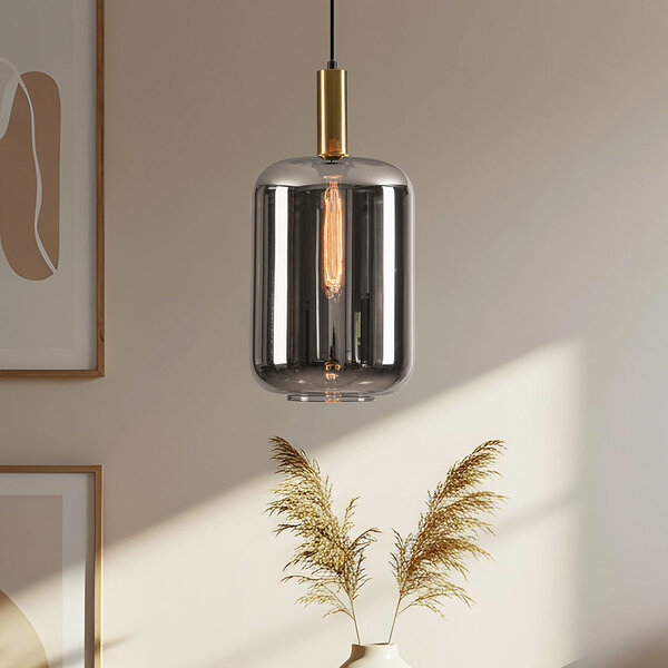 Modern taklampa svart och guld med rökfärgat glas - Sofito