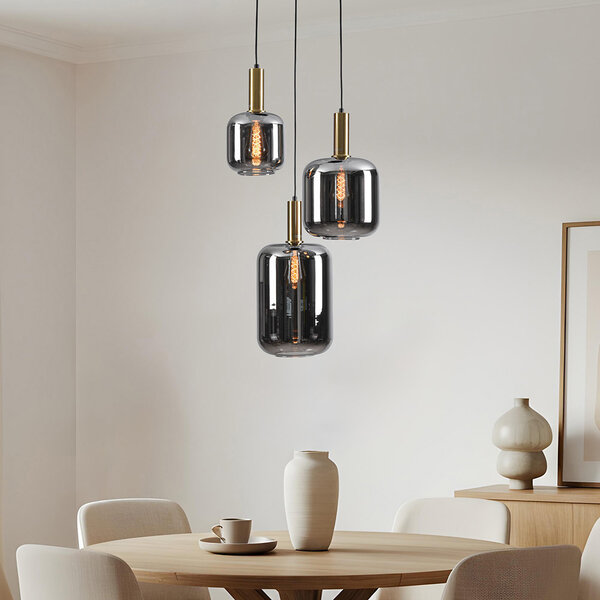 Svart design taklampa Pendu med guld och rökfärgat glas, 3-ljus