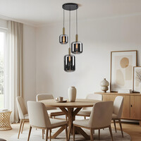 Svart design taklampa Pendu med guld och rökfärgat glas, 3-ljus