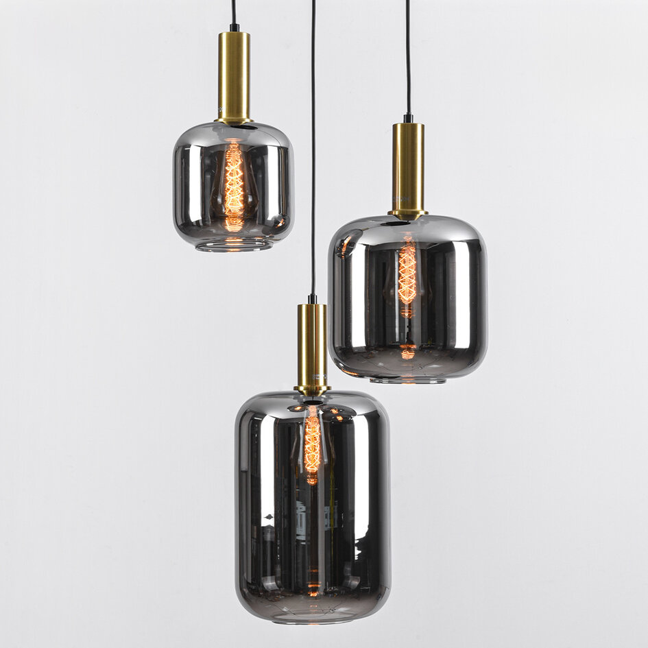 Svart design taklampa Pendu med guld och rökfärgat glas, 3-ljus