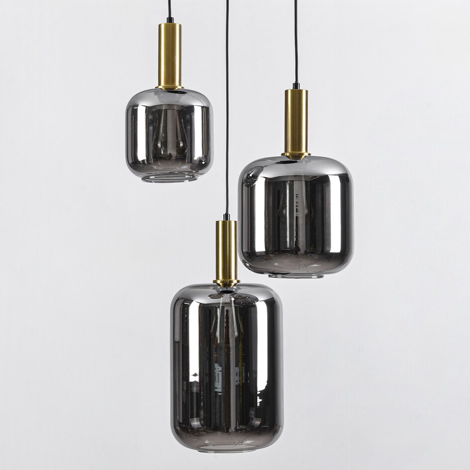 Svart design taklampa Pendu med guld och rökfärgat glas, 3-ljus