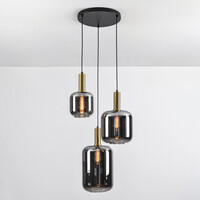 Svart design taklampa Pendu med guld och rökfärgat glas, 3-ljus