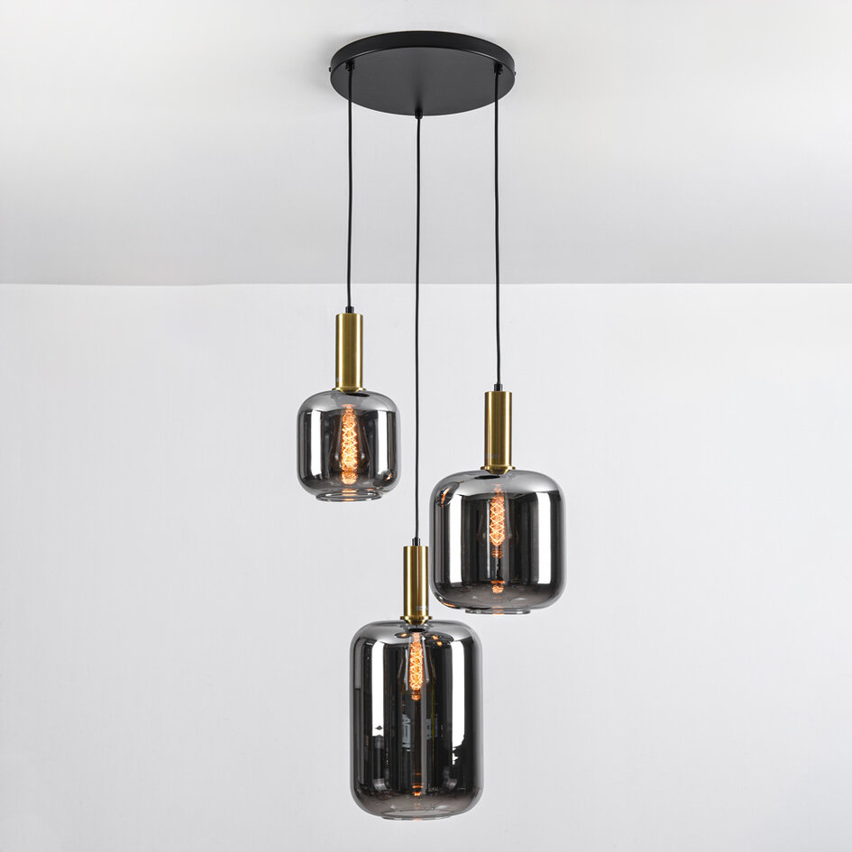 Svart design taklampa Pendu med guld och rökfärgat glas, 3-ljus