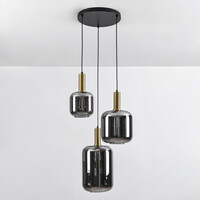 Svart design taklampa Pendu med guld och rökfärgat glas, 3-ljus
