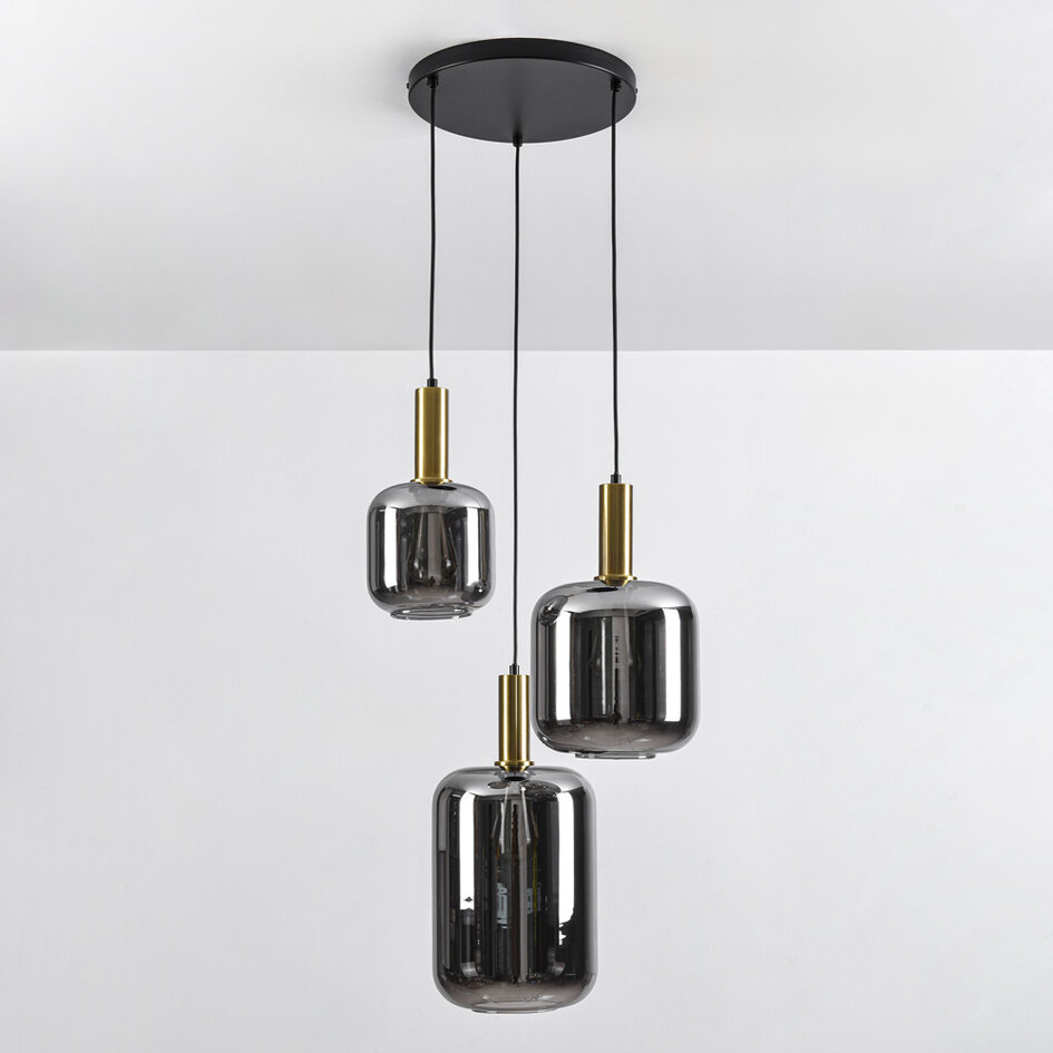 Pendellampa Pendu med tre lampor - svart, guld och rökfärgat glas
