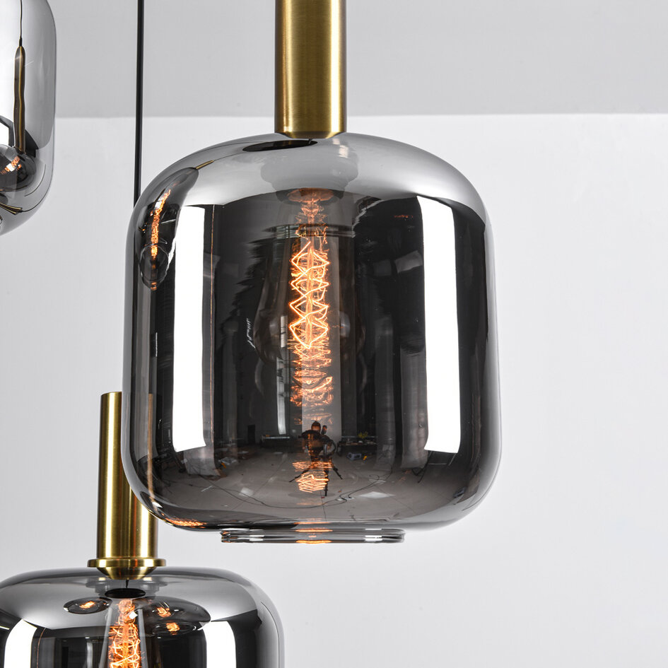 Svart design taklampa Pendu med guld och rökfärgat glas, 3-ljus